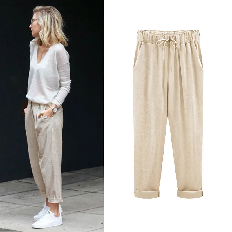 Cotton Linen Pants - Elastic Waist Ankle Length Casual Trousers