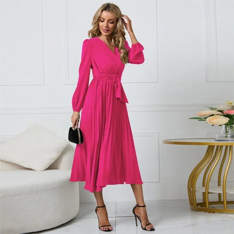 Slim-Fit A-Line Mid-Calf Dress with Lantern Sleeves and Sashes – Office Lady Autumn/Winter