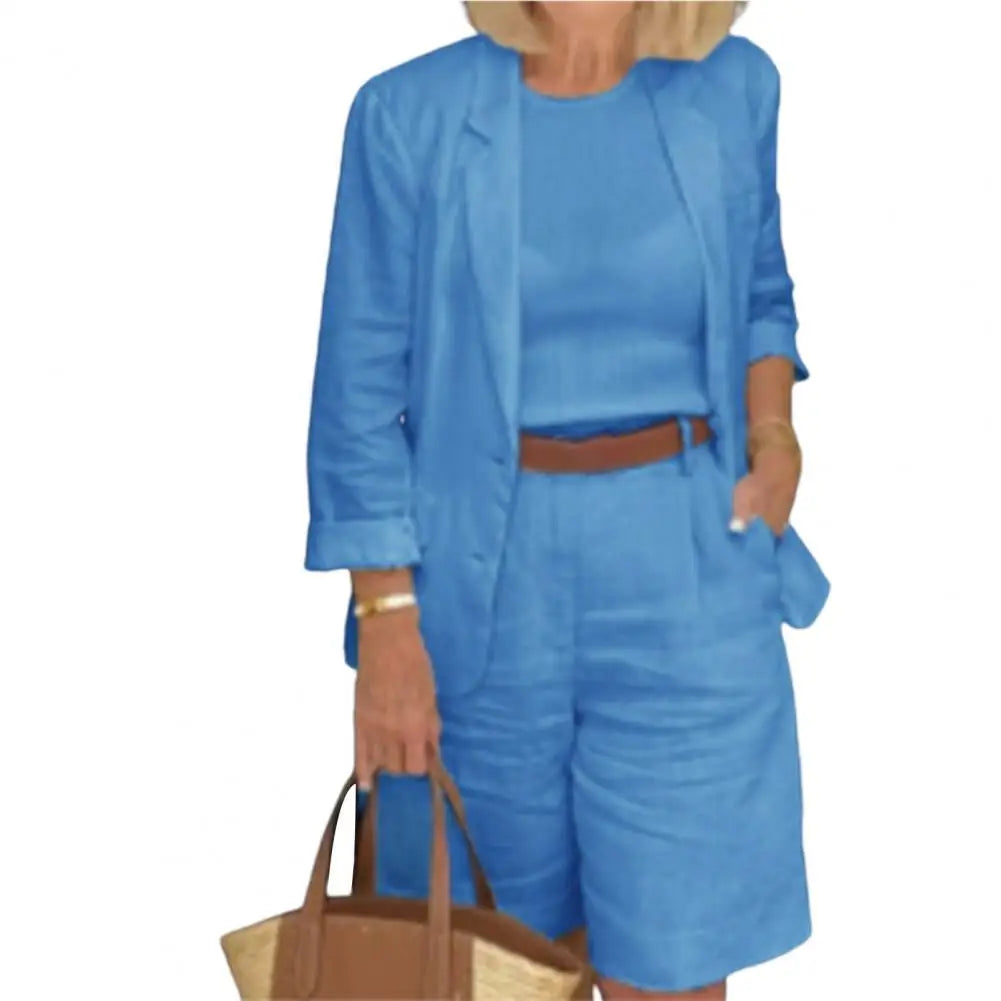 Classic Loose Fit Cotton Blend Outfit – Single-Breasted Coat & Elastic Waist Shorts