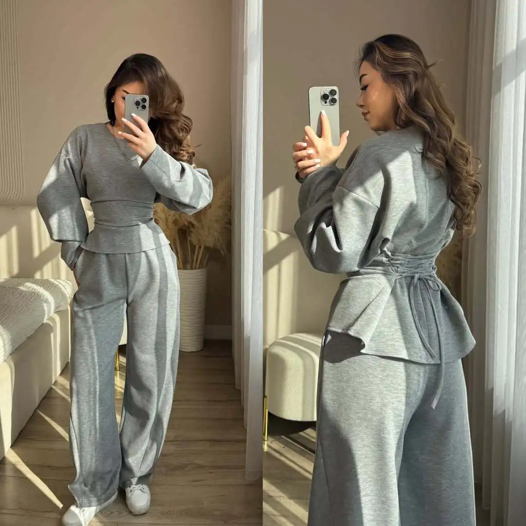 Women's Wide Leg Long Sleeve Crew Neck Pants | OWNLUXE