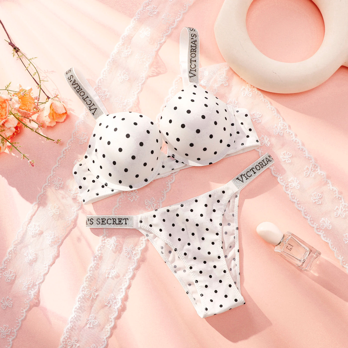 Victoria Secret Sexy Lingerie Sleepwear Plus Size Comfortable Luxury New Women Polka Dot Lace Push Up Bra And Panty Set