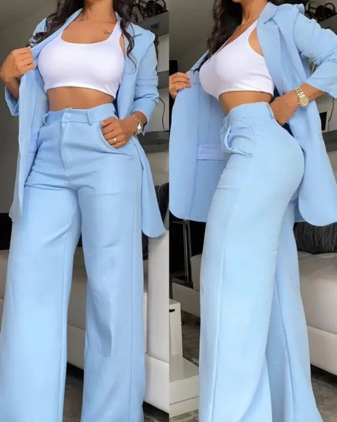 Blazer Pants Set - Notched Collar Coat & Wide-Leg Trousers for Women