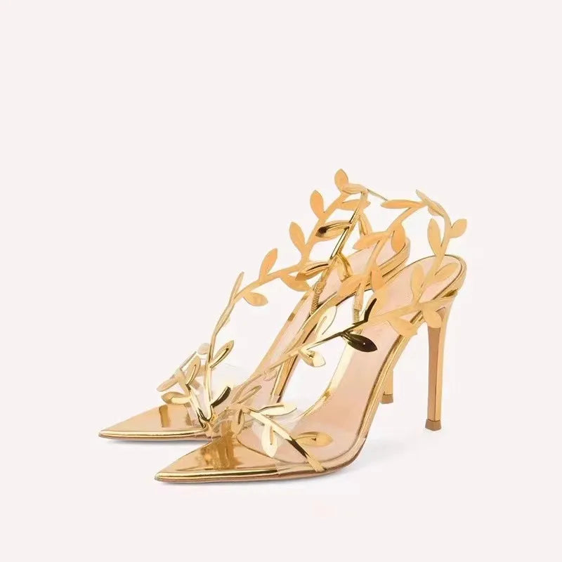 Gold Leaf Gladiator Stiletto Sandals with Pointed Toe
