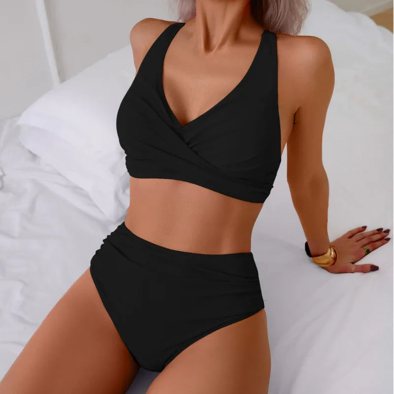 High-Waist Triangle Bikini Set – Bandage-Style Two-Piece