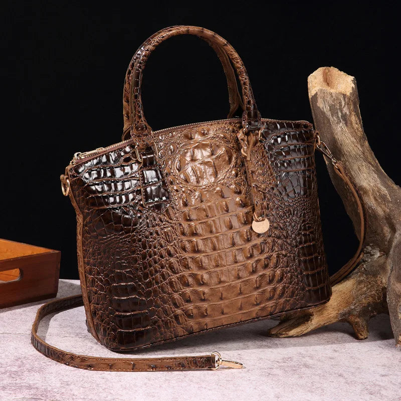 Crocodile Embossed Leather Handbag - Classic Shoulder Bag