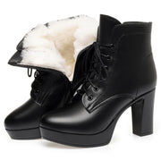 Platform Lace-Up Ankle Boots - Waterproof Winter Boots with Wool Lining