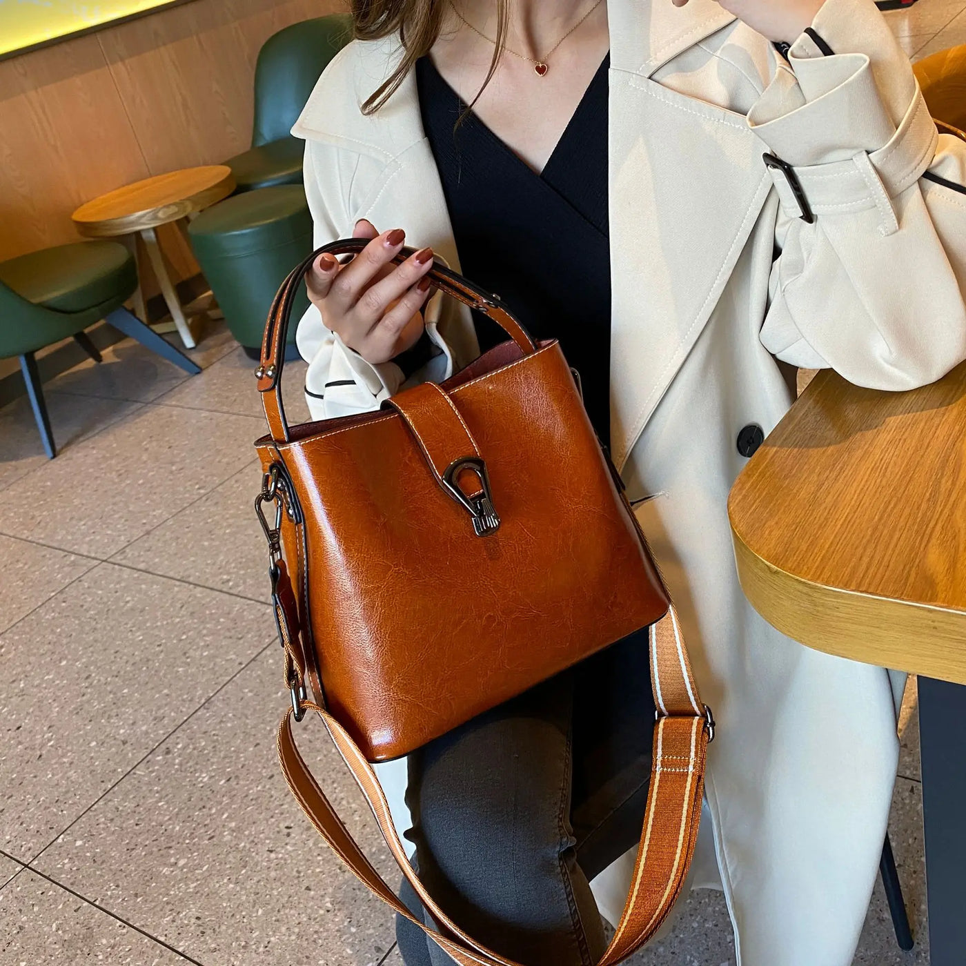 Spacious Cowhide Leather Bucket Bag | OWNLUXE
