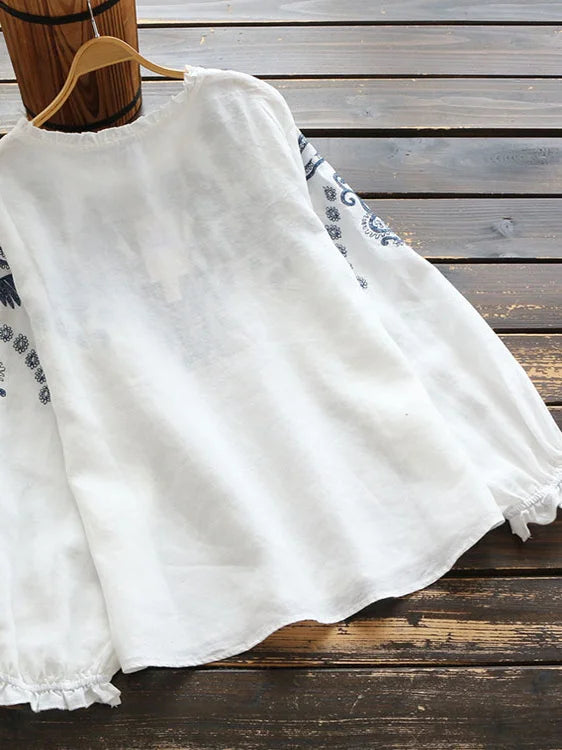 Embroidered Long-Sleeve Cotton Blouse | OWNLUXE