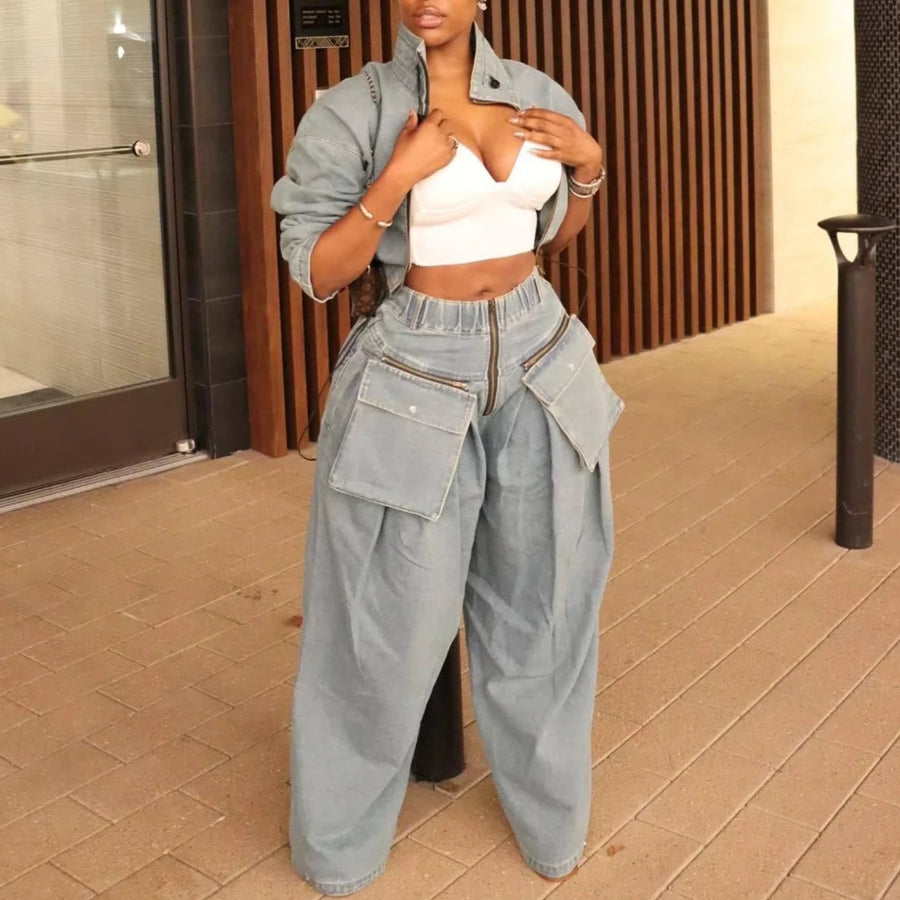 Women's Wide Leg Denim Two Piece Jacket | OWNLUXE