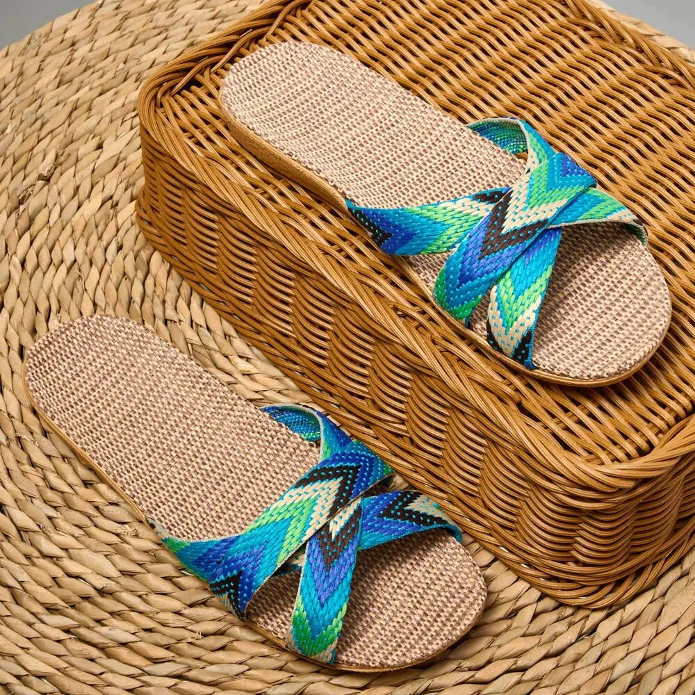 Eco-Friendly Hemp Slippers - Comfortable Flat Indoor Slides with Geometric Design