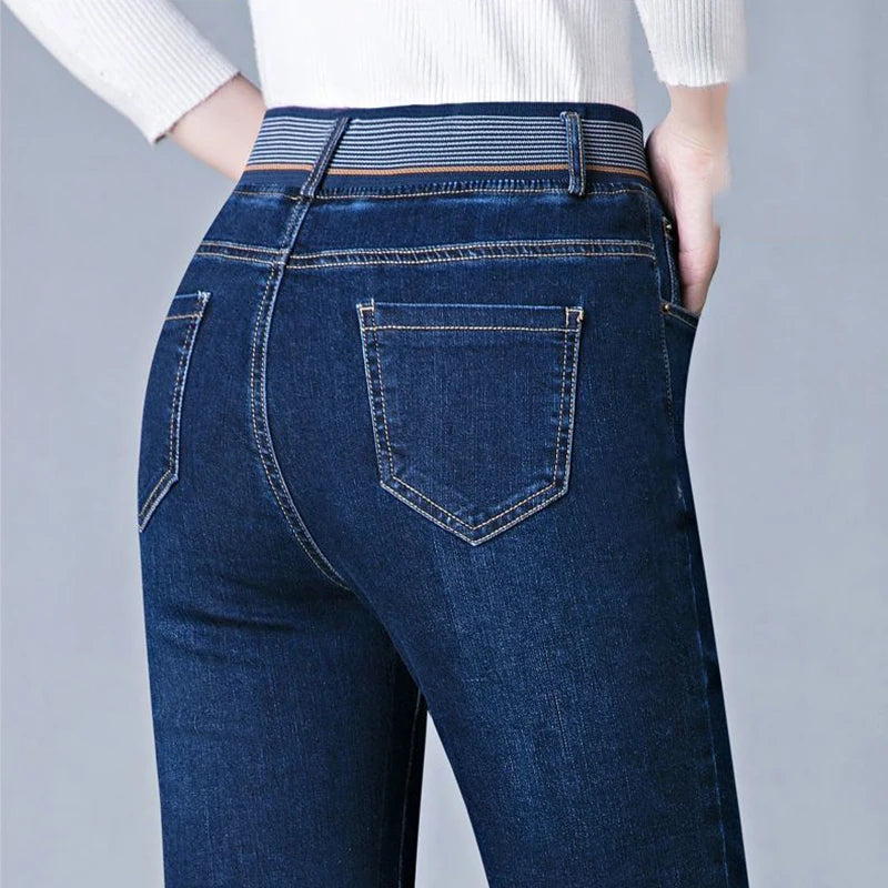 High-Waist Pencil Jeans – Stretch Denim (Dark Blue Style 1) | OWNLUXE