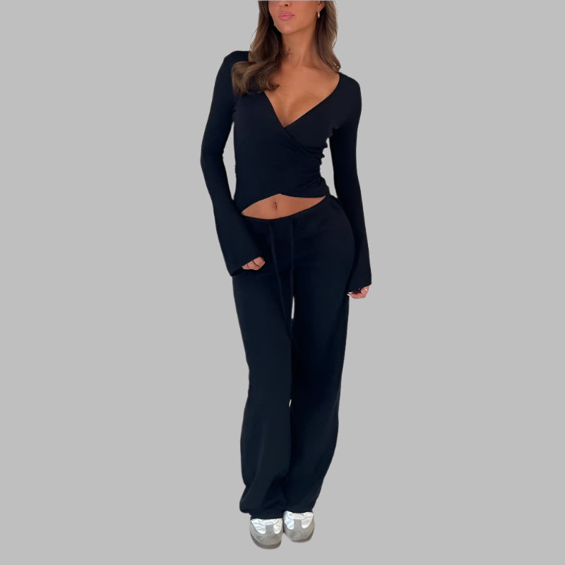 Women’s V-Neck Bandage 2-Piece Set – Slim Top & Wide-Leg Pants | Ensemble 2 pièces pour femme – Haut à col en V et pantalon large