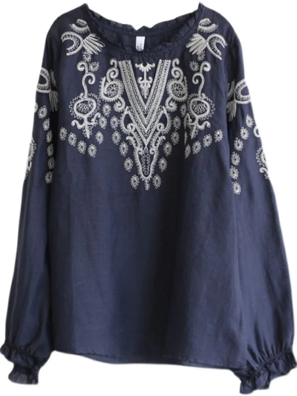 Embroidered Long-Sleeve Cotton Blouse | OWNLUXE