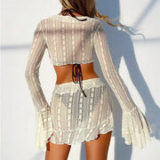 Beachwear Swimwear Ruffle Cropped Lace Top Long Sleeve Tie Front Wrap Skirt Black White Pareo Women's Cover-up
