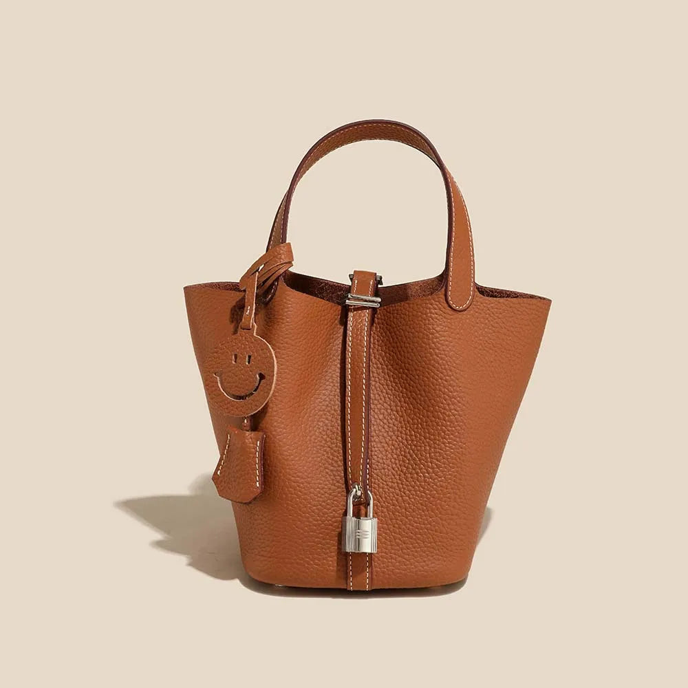 Genuine Cowhide Leather Bucket Bag - Fashion Lock Handbag with Phone Pocket | OWNLUXE