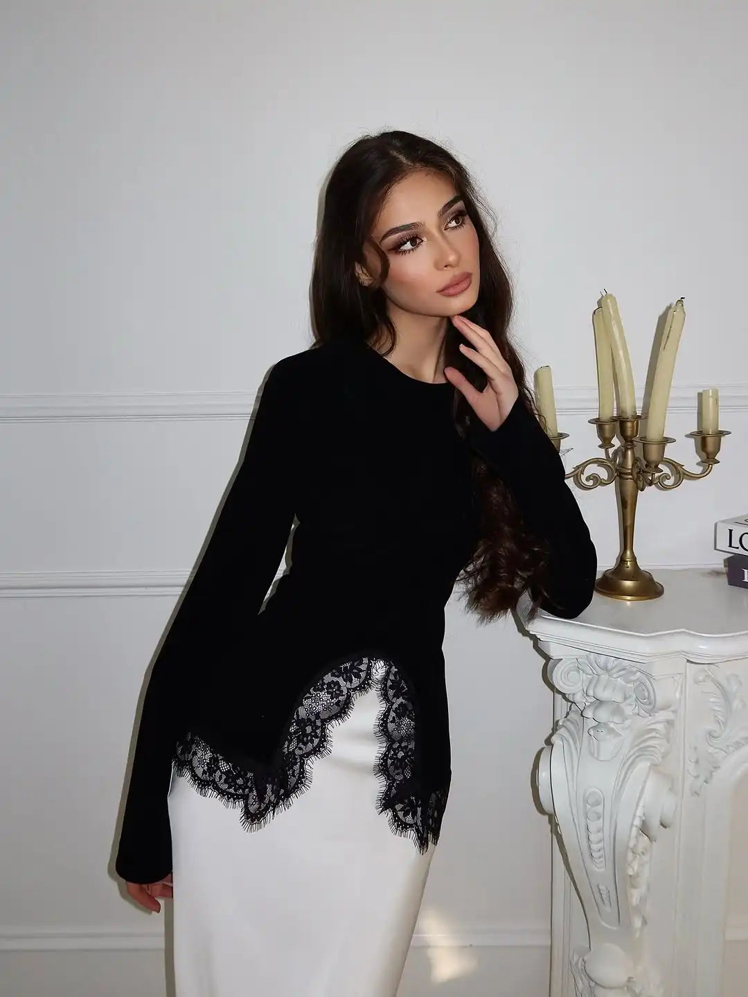 Sexy Black Lace Patchwork Slim Shirt Women Elegant Round Neck Long Sleeve Irregular Hem Top 2026 Lady Spring Autumn Chic Wear