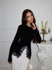 Sexy Black Lace Patchwork Slim Shirt Women Elegant Round Neck Long Sleeve Irregular Hem Top 2026 Lady Spring Autumn Chic Wear