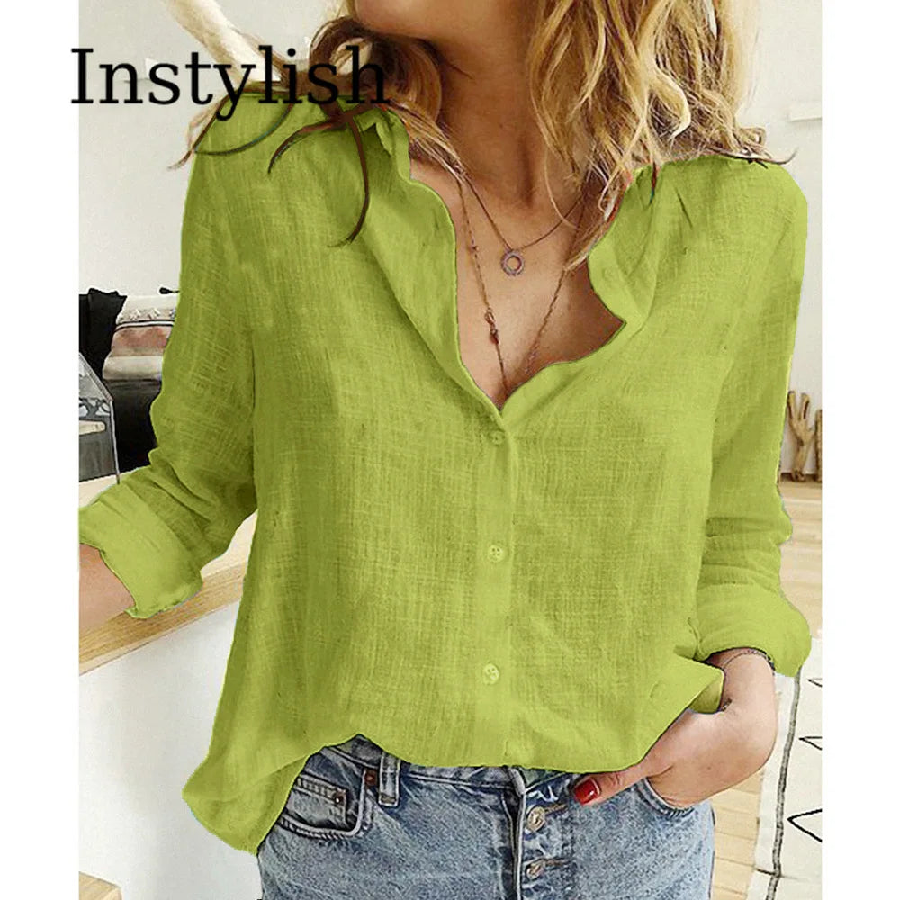 Long-Sleeve Cotton Linen Tunic Blusas | OWNLUXE