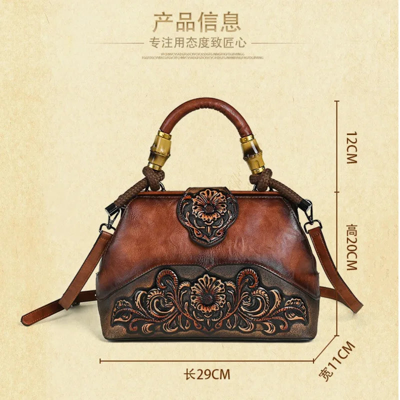 Vintage Carved Leather Handbag - Handmade Luxury Shoulder Bag