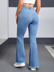 Denim Flared Jeans - High Waist Distressed Boot Cut Pants