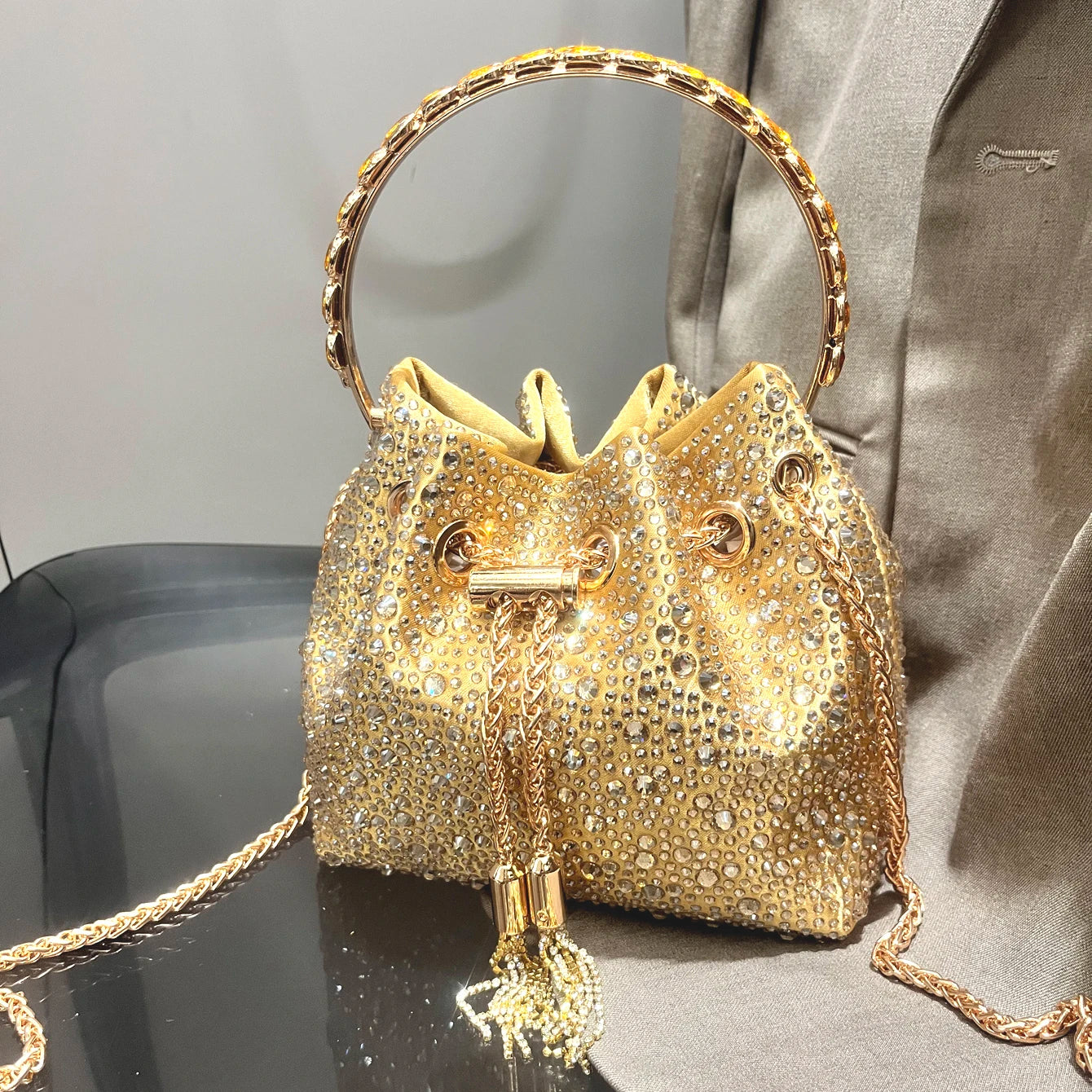 Crystal Bucket Evening Bag (Green Pink) | OWNLUXE