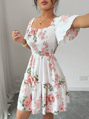 Floral Print Short-Sleeve Ruffle Dress | OWNLUXE
