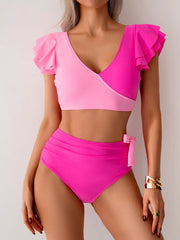 VigoBreviya 2026 Sexy Pink Patchwork Swimwear Women Ruffle V Neck Bikini Set Brazilian Lady Swimsuit High Waist Beach Bath Suit