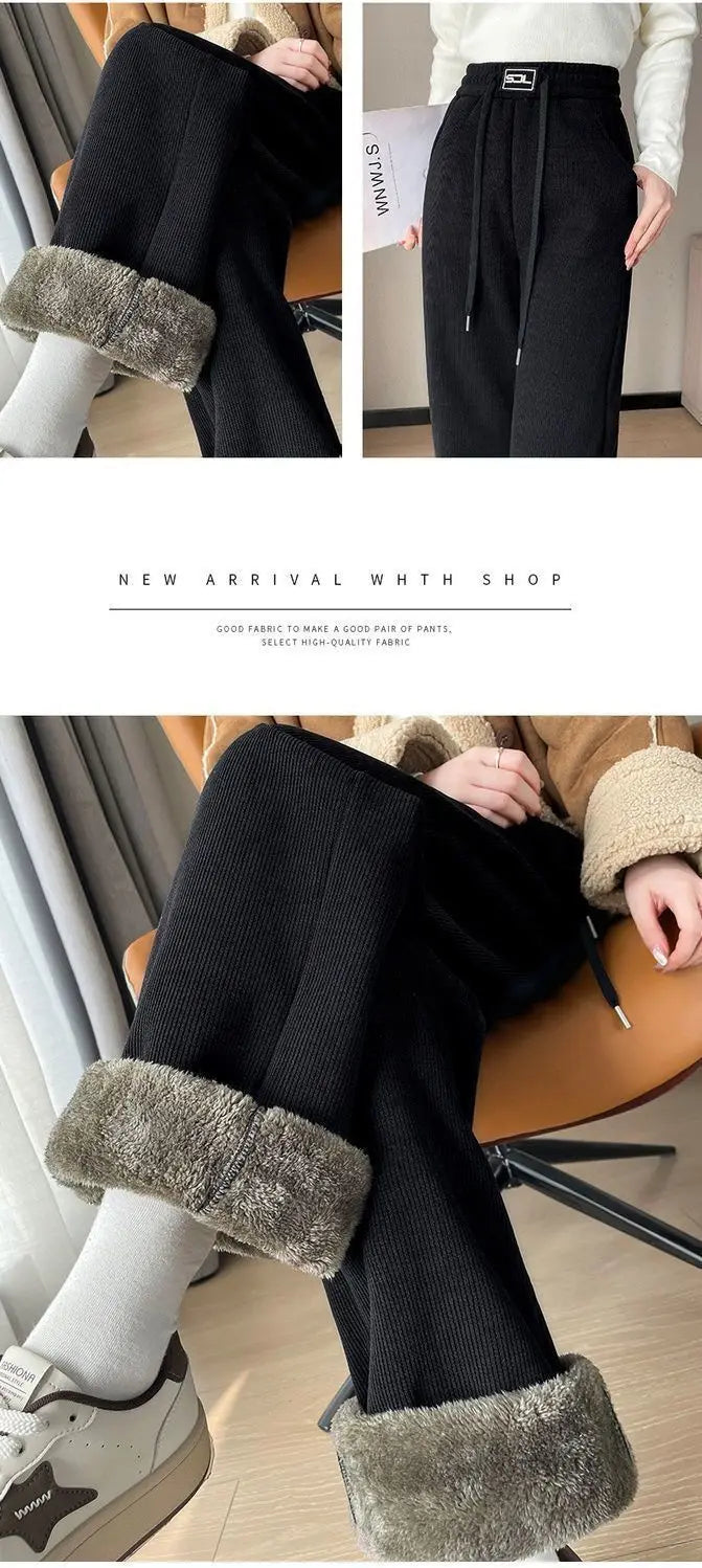 Women's Lamb Velvet Wide Leg Pants - Fleece Lined Winter Trousers