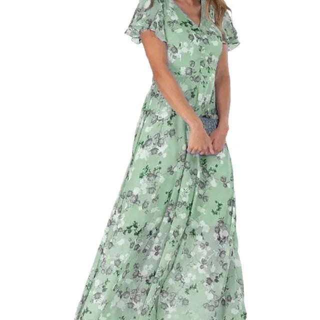 Beach Holiday Chiffon Midi Dress V-Neck Long Sleeve Casual Loose | OWNLUXE