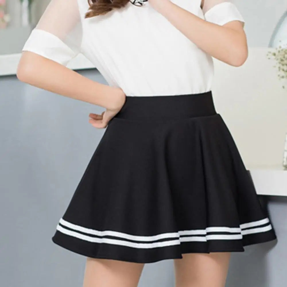 Trendy High Waist Stripe Pleated A-Line Mini Skirt – Slim Fit for Casual & School Wear