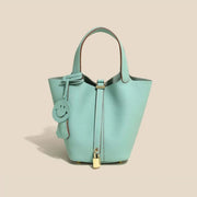 Genuine Cowhide Leather Bucket Bag - Fashion Lock Handbag with Phone Pocket | OWNLUXE