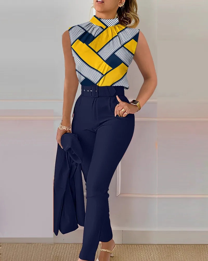 Office Elegant Sleeveless Print Shirt Pant Set O-Neck Slim Two Piece | OWNLUXE