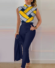 Office Elegant Sleeveless Print Shirt Pant Set O-Neck Slim Two Piece | OWNLUXE