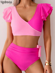 Patchwork Ruffle V-Neck High-Waist Bikini Set | OWNLUXE