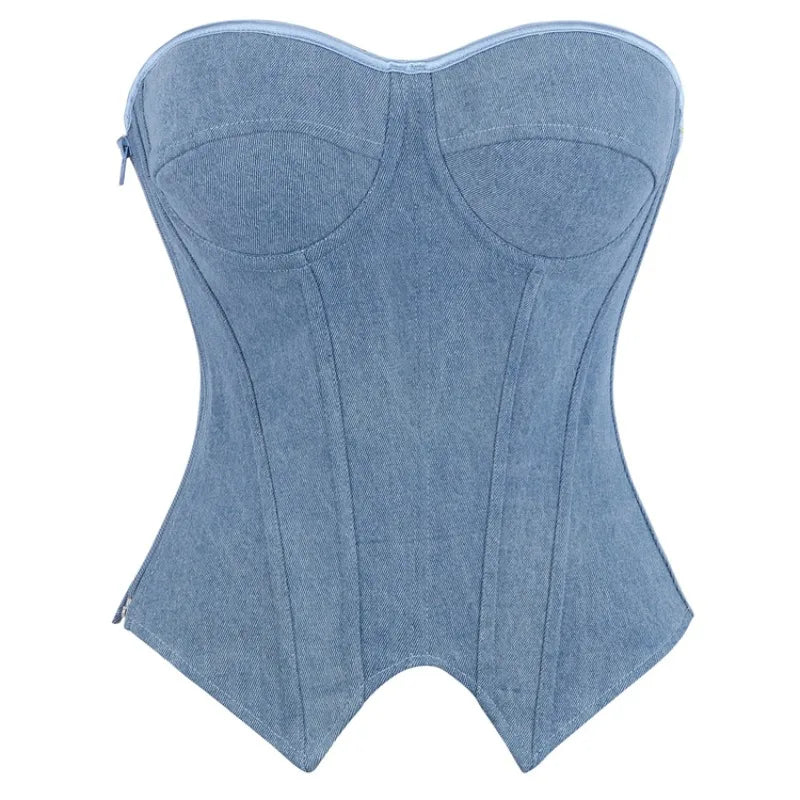 Zip-Up Lace Denim Overbust Top | OWNLUXE