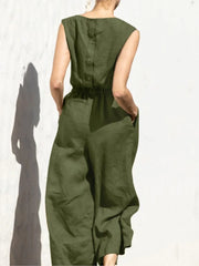 High Waist Cotton Linen Jumpsuit – Wide Leg Ankle-Length
