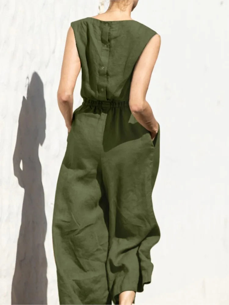 Wide-Leg High-Waist Sleeveless Cotton Jumpsuit | OWNLUXE
