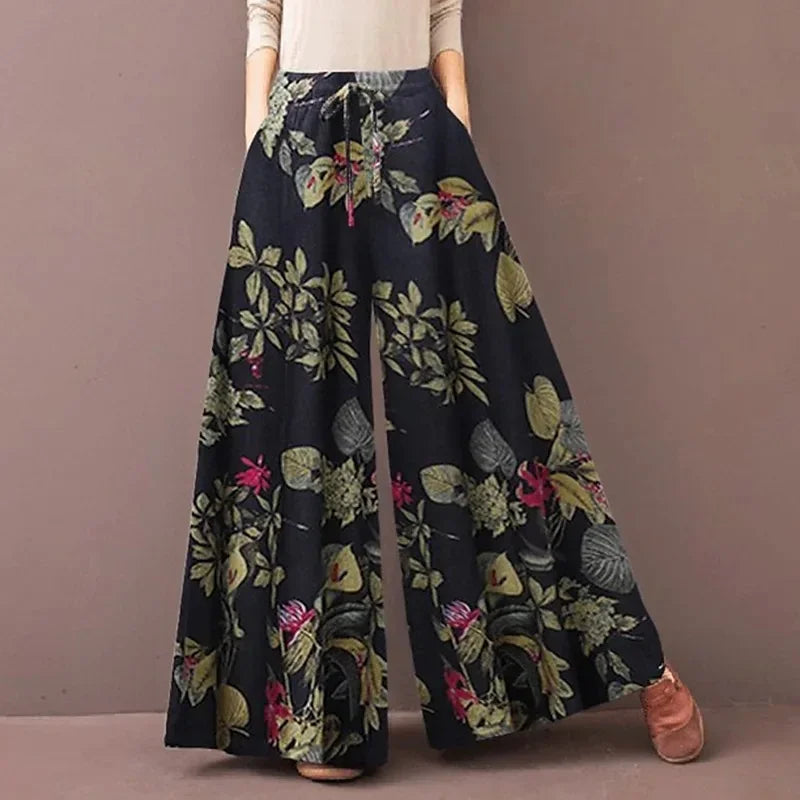 Women's Floral Print Wide Leg Pants - Bohemian Drawstring Trousers