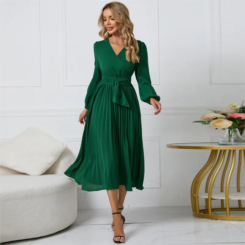 Slim-Fit A-Line Mid-Calf Dress with Lantern Sleeves and Sashes – Office Lady Autumn/Winter