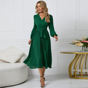 Slim-Fit A-Line Mid-Calf Dress with Lantern Sleeves and Sashes – Office Lady Autumn/Winter