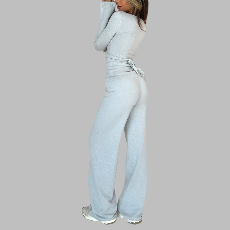Women’s V-Neck Bandage 2-Piece Set – Slim Top & Wide-Leg Pants | Ensemble 2 pièces pour femme – Haut à col en V et pantalon large