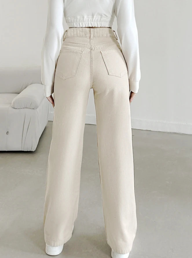 Women's Beige Straight Leg Jeans - High-Waisted Cotton Denim