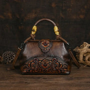 Vintage Carved Leather Handbag - Handmade Luxury Shoulder Bag