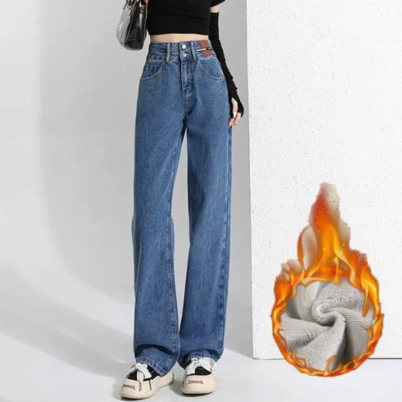 Winter Fleece-Lined Jeans - Thermal High Waist Denim Pants