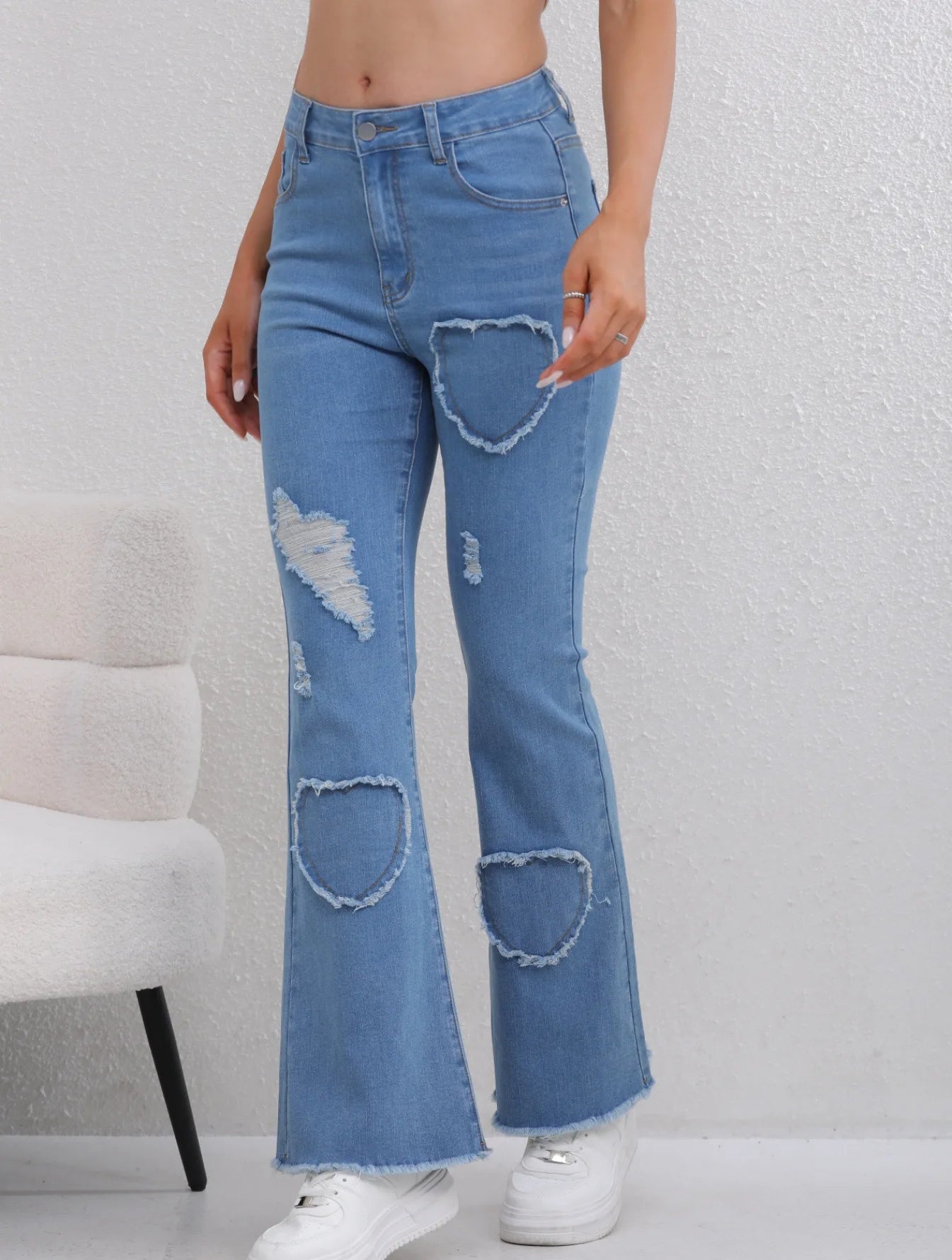 Denim Flared Jeans - High Waist Distressed Boot Cut Pants