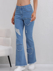 Denim Flared Jeans - High Waist Distressed Boot Cut Pants