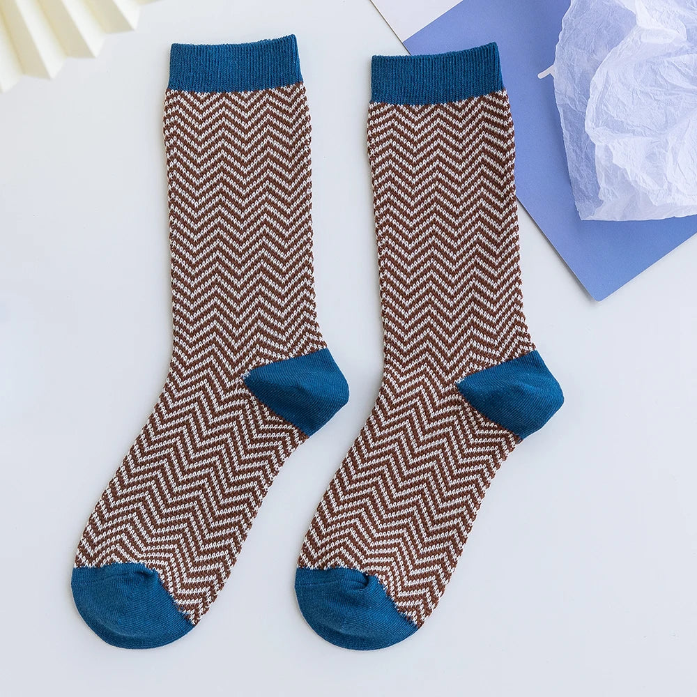 1 Pair Women Socks Spring Autumn Retro Style Men Couple Cotton Socks Flower Stripe Plaid Pattern Solid Colorful Socks EUR 37-43