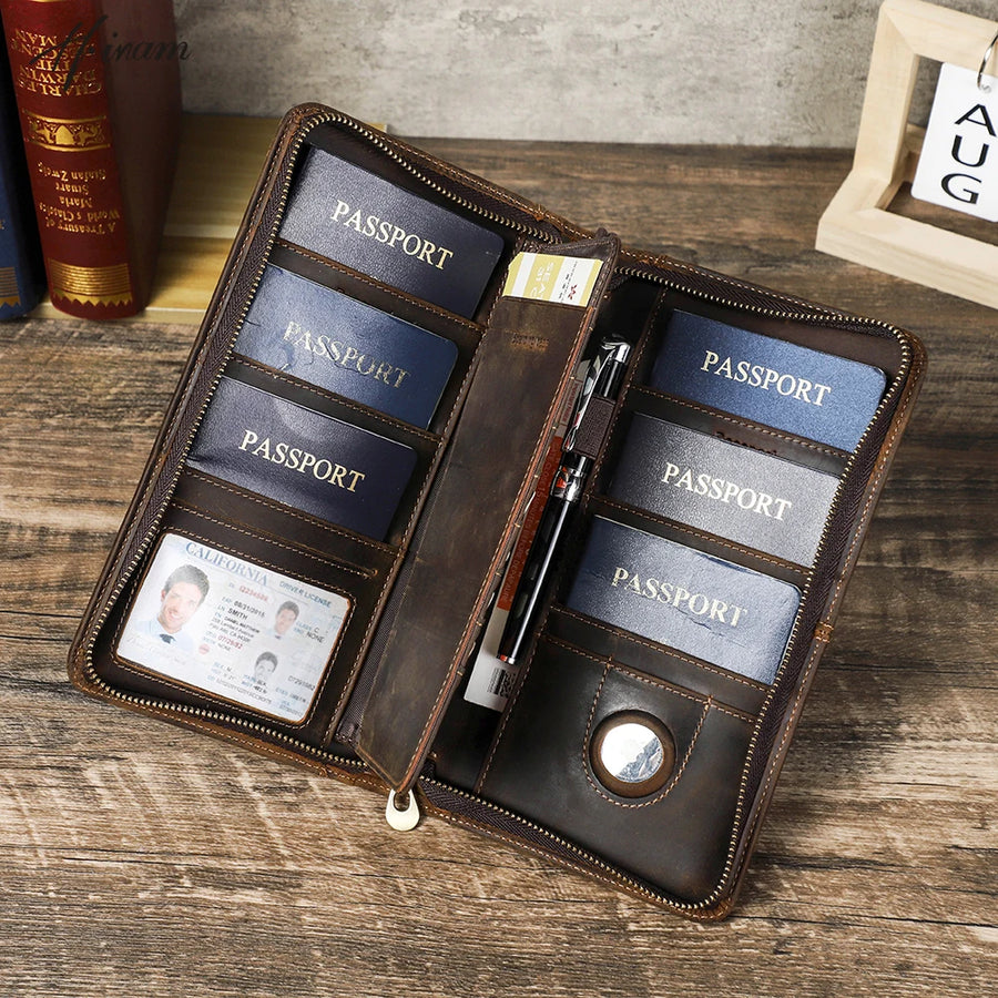 RFID Leather Family Passport Wallet - Premium Travel Organizer with AirTag Slot