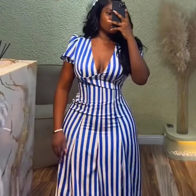 Women's Short Sleeve V-Neck Striped Dress | OWNLUXE