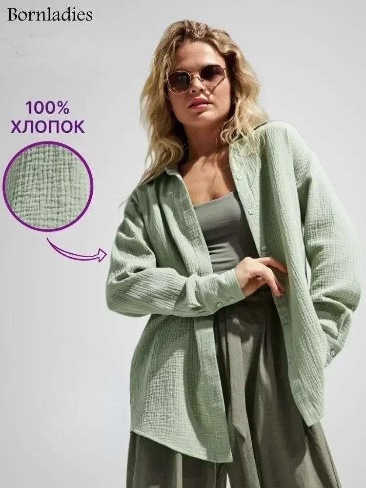 Office Long-Sleeve Cotton Tops Crepe | OWNLUXE